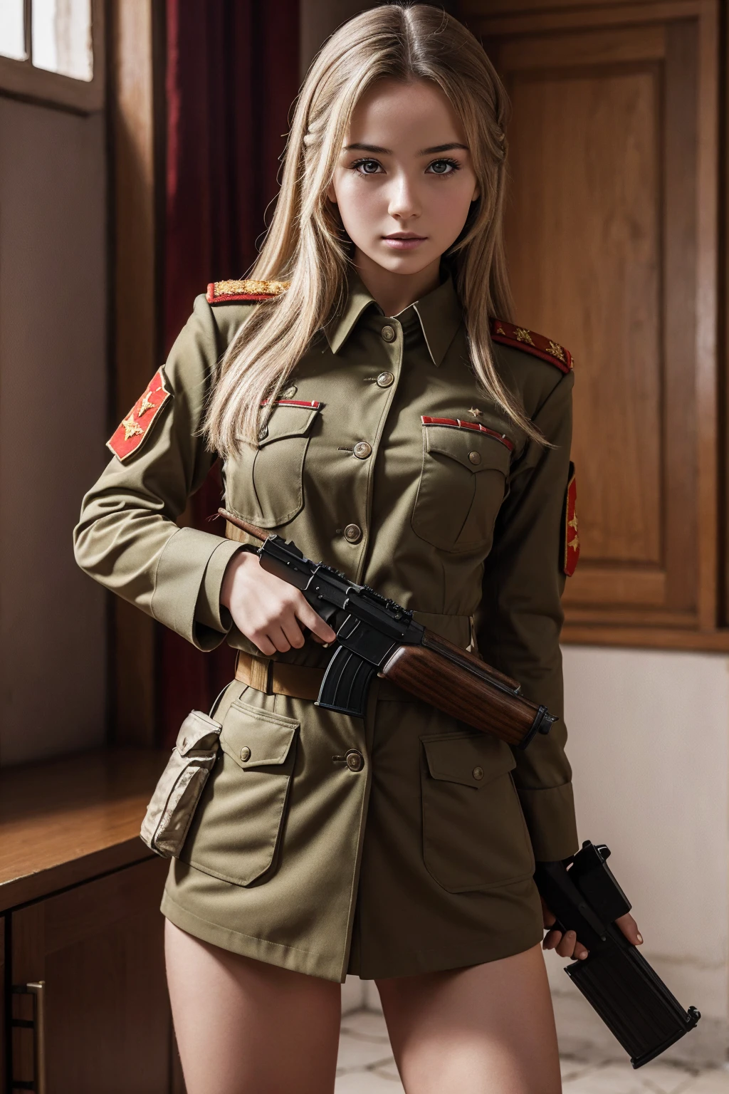 best quality, 4K image quality, 1 girl, AK47, skimpy soviet uniform