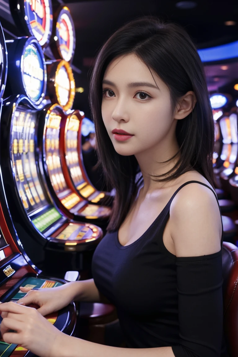 black tight shirt:1.2, look at viewer, movie light, perfect, soft light, high definition skin:1.2, Realistic skin texture, 30 year old woman、small face、No makeup、 off shoulder, The rift revealed, B cup breasts、small breasts、blue eyes, short hair, dark brown hair、naked、(random background,In casinos,VIP casino room, Modern Casino Console, Modern Slot Machines )