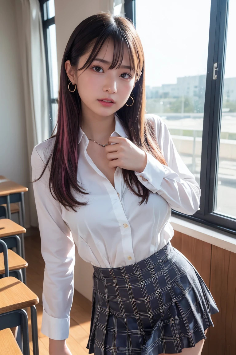 ((Highest quality, 8k, masterpiece: 1.3, One girl, beautiful girl)), cute, dynamism, Detailed face, Detailed skin, Detailed clothing, Detailed eyes, Detailed lips, Detailed tongue, Detailed fingers, Mouth details, Realistic, RAW Photos, High resolution, Natural light, Dynamic pose, Perfect Anatomy, Toned Legs, double eyelid, Tear bags, Round eyes, Moisturized lips, Sweaty, ((This passage, Marine Kitagawa)) Blonde and pink hair, Metal collar, ear Earrings, Earrings, Long Hair, Earrings, Red Eyes, Straight hair, Swept-apart bangs, Gradient Hair, School uniforms, White shirt, tie, Checkered Pleated Skirt, Ecstatic face, Ahegao, Drooling, View your viewers, (pantyhose, Pull down your panties, Grab your own chest), In the classroom at sunset, pubic hair