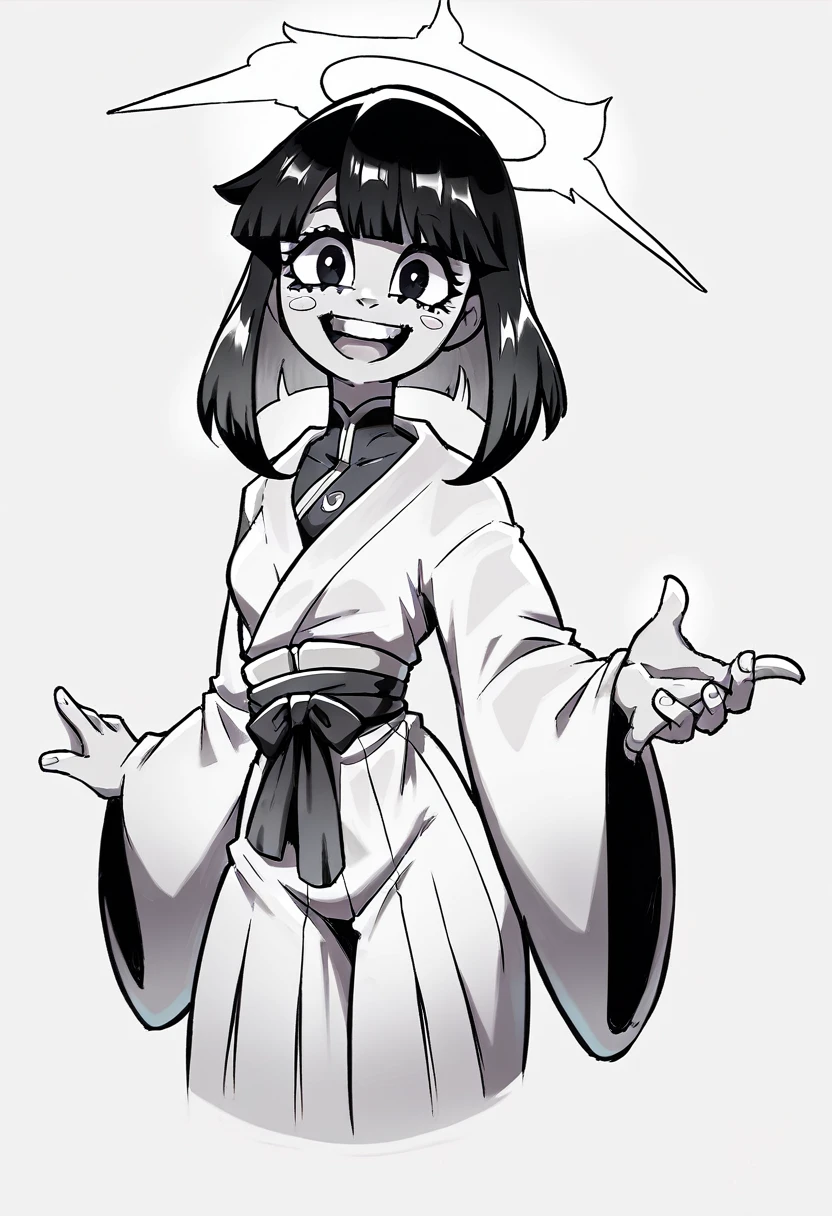 Girl, medium ruffled layered hair, black eyes, Masterpiece, high quality, Good detail, hakama outfit with stomach exposed,  fire halo. Simple artstyle. Smile. Black and white artstyle, cute stickers, facial expressions. 