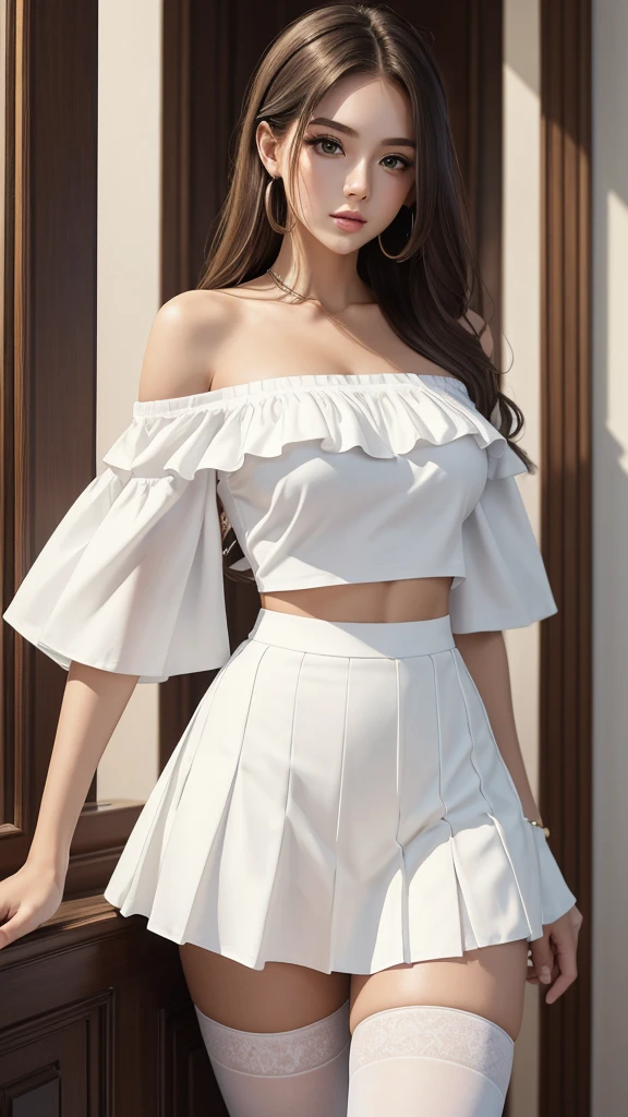 (Best quality)), ((masterpiece)), (detailed),
1 girl, very hot physique, long light hair, neat facial features, white off-shoulder blouse, short white tennis skirt, and high white stockings, she doesn't wear shoes, she has big hot breasts, who pops out of her blouse, pulling it on.She is sitting on the bed and has a shocked expression on her face..