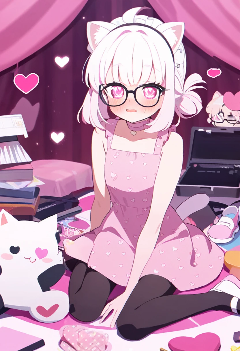 I have white pink hair, cat ears, a bun, my face is super blushing, black glasses, pink heart eyes, a pink fabric dress, black stockings, white shoes, a cat&#39;s tail, a very shy girl.