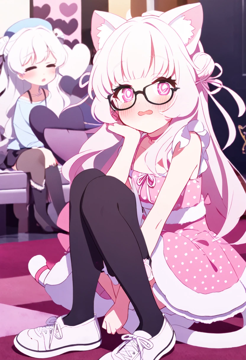 I have white pink hair, cat ears, a bun, my face is super blushing, black glasses, pink heart eyes, a pink fabric dress, black stockings, white shoes, a cat's tail, a very shy girl.