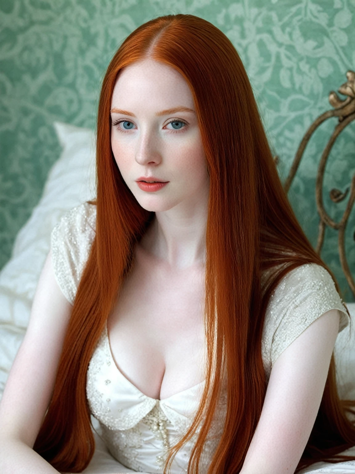 There is a woman with long red hair lying on a bed., amaranth, con pale skin, pale porcelain white skin, pale skin y clara!!, pale skin y brillante, she has long orange hair, She has long orange-brown hair., pale skin, smooth and impeccable, pale red, pale skin marfil, pale skin de porcelana, soft and pale skin, King&#39;s wool