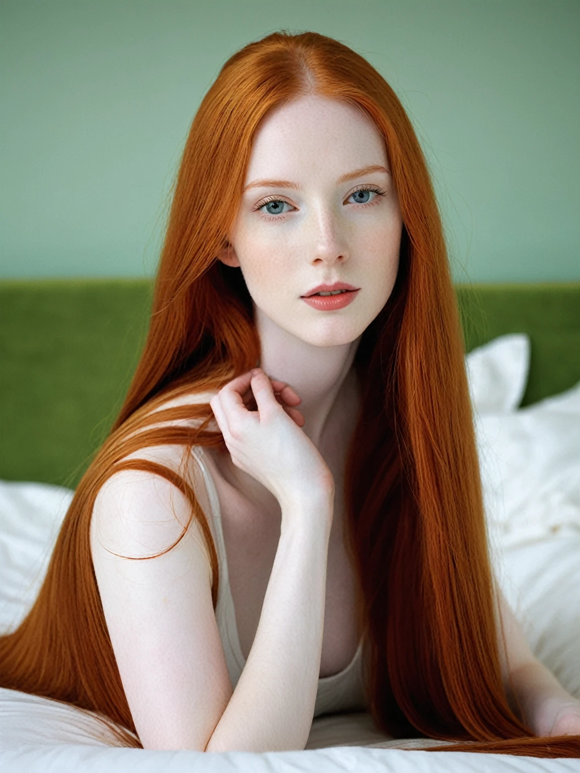 There is a woman with long red hair lying on a bed., amaranth, con pale skin, pale porcelain white skin, pale skin y clara!!, pale skin y brillante, she has long orange hair, She has long orange-brown hair., pale skin, smooth and impeccable, pale red, pale skin marfil, pale skin de porcelana, soft and pale skin, King&#39;s wool