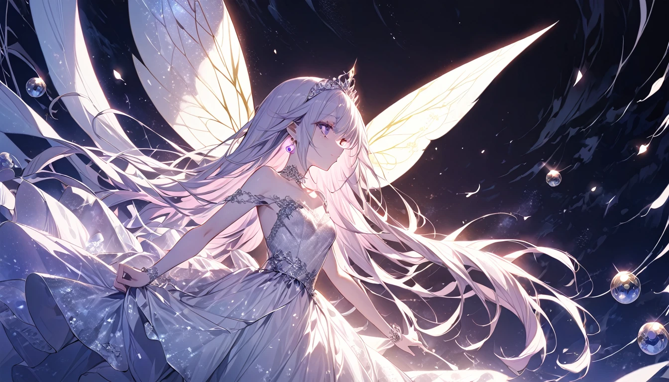 (Highest quality, masterpiece, Very detailedな, Very detailed, Exquisite, 16K,Full HD),A little closer,Golden Ratio,Dramatic lighting,pastel colour,silhouette,Soft lighting, ((From the side,alone:1.5)),((Are standing,Reaching for the sky:1.2)),((Moonlit Night,Crescent Moon,beautiful moon)),Starry Sky,meteor群,meteor,(Fairy Princess, Purple eyes, Long eyelashes,White skin,slim,pale pink plump lips,Pale pink cheeks, The wind is blowing,White fluffy hair,thin and long,(thin and high nose,Small Nose),(A pair of giant fairy wings growing from just above his waist..),Silver decoration,Diamond Tiara,Diamond Earrings,Diamond Earrings,Diamond Choker,(silver ball gown dress:1.1), Silver lace and frills, (Fantasy, Romantic atmosphere),