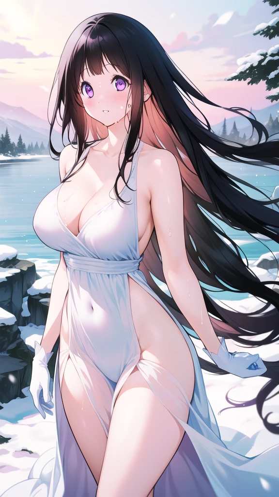 Amazing Chitanda, There is only one beautiful girl,Purple Eyes, Black Hair, Very red face,Very white skin,Glowing skin,Skin as delicate as porcelain,Naturally straight hair, Straight bangs,Extremely refined,Open lips,Long flowing hair,Beautiful Girl, Like a dream,Slim,Slim waist,Soft, (Sensual), (Kawaii), Dream quality,Beautiful big breasts,White transparent loose dress,Areola,Completely naked,Lower edge of breast,White gloves,Flower decoration,Deep V neckline,Loose neckline,Wide neckline,In school,The wind blows the hair,Place your hands on your inner thighs,Thighs clamp hands,Wet skin,Sweaty and sweaty,Sweating all over,On the snow,Back to,Hips,Side body,Gluteal groove,Completely naked的臀部,Bare back,Completely naked的背部,Light transmission,(no pants),nopan,pussy juice,Bare shoulders,There are no shoulder straps,Bare neck,Exposed collarbone,Exposing breasts,Exposing breasts侧面,Exposing breasts下面,Show your waist,Show your buttocks,Show your thighs,Exposing the groin,(No pants),extremely shy,Ultra-high resolution, (masterpiece:1.2, best quality), (Delicate and beautiful eyes: 1.2), (Beautiful and delicate face)