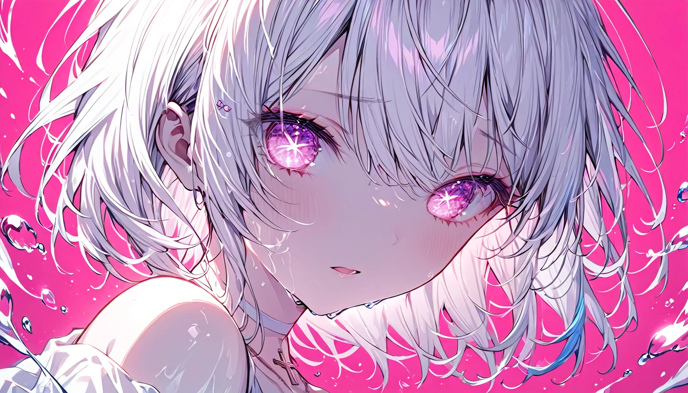8k wallpaper,masterpiece,Cinema Lighting,Top Quality,Awareness-raising,Dramatic angle,((color:1.1)),((内側の毛のcolor:1.4)),
One girl, solo, Long white hair, Sakura NS, Pink Eyes, Cross Necklace, Opened lips, White choker, Liquid Hair, Pink-gray hair, With bangs, With bangs, From the side From the side, Contour, Upper body, Blue Hair, Simple Background, Pink Background, Exposed bare shoulders, Sports Late, View your viewers, White Dress, Hair between the eyes, Colorful Hair, White background, 耳Nipple Ring,gem