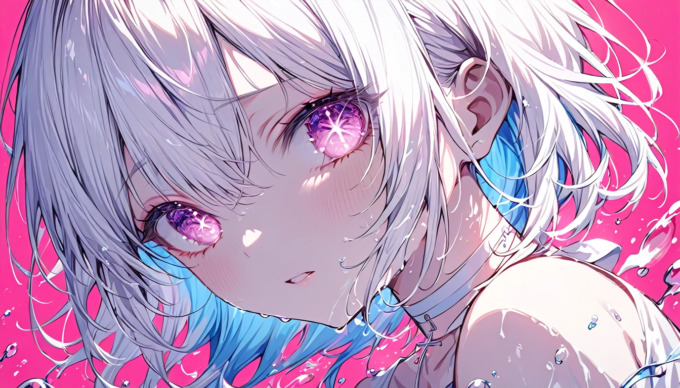 8k wallpaper,masterpiece,Cinema Lighting,Top Quality,Awareness-raising,Dramatic angle,((color:1.1)),((内側の毛のcolor:1.4)),
One girl, solo, Long white hair, Sakura NS, Pink Eyes, Cross Necklace, Opened lips, White choker, Liquid Hair, Pink-gray hair, With bangs, With bangs, From the side From the side, Contour, Upper body, Blue Hair, Simple Background, Pink Background, Exposed bare shoulders, Sports Late, View your viewers, White Dress, Hair between the eyes, Colorful Hair, White background, 耳Nipple Ring,gem