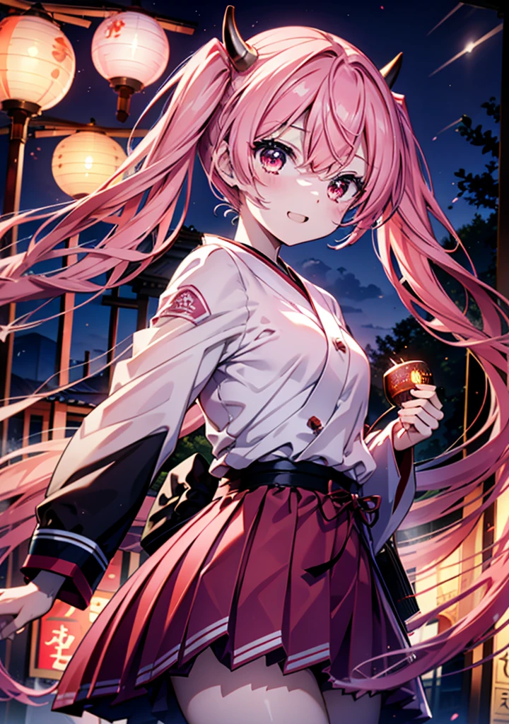 Aria h kanzaki,horn,Pink Hair,Long Hair,low Twin tails,小さいhorn,Red eyes,happy smile, smile, Open your mouth,pink kimono,Thick sleeves,Long skirt,日本のfestival,夏festivalの屋台,Red Lantern,night,night空のfirework,firework,場所はfirework大会,時間はnightです,sunny day,turn around,as if,walk, break looking at viewer, Upper Body, (Cowboy Shot:1. 5),
break outdoors, festival,shrine,
break (masterpiece:1.2), Highest quality, High resolution, unity 8k wallpaper, (shape:0.8), (Beautiful attention to detail:1.6), Highly detailed face, Perfect lighting, Highly detailed CG, (Perfect hands, Perfect Anatomy),