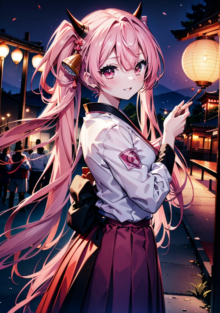 Aria h kanzaki,horn,Pink Hair,Long Hair,low Twin tails,小さいhorn,Red eyes,happy smile, smile, Open your mouth,pink kimono,Thick sleeves,Long skirt,日本のfestival,夏festivalの屋台,Red Lantern,night,night空のfirework,firework,場所はfirework大会,時間はnightです,sunny day,turn around,as if,walk, break looking at viewer, Upper Body, (Cowboy Shot:1. 5),
break outdoors, festival,shrine,
break (masterpiece:1.2), Highest quality, High resolution, unity 8k wallpaper, (shape:0.8), (Beautiful attention to detail:1.6), Highly detailed face, Perfect lighting, Highly detailed CG, (Perfect hands, Perfect Anatomy),