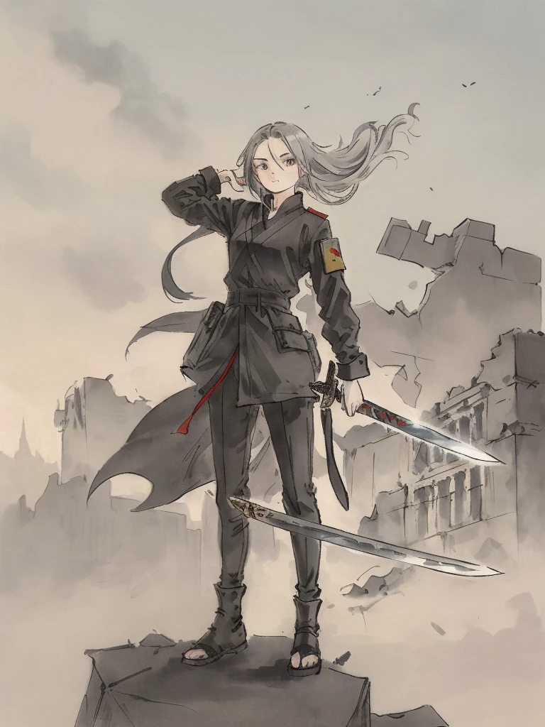 Masterpiece, Highest quality((must)), Low Contrast((must))A Russian girl in her early 20s with ash grey hair, Head to toe full body, Fully equipped with the latest jet black protectors, In the ruins, holding a beautifully decorated long sword., The face is dense((must))
