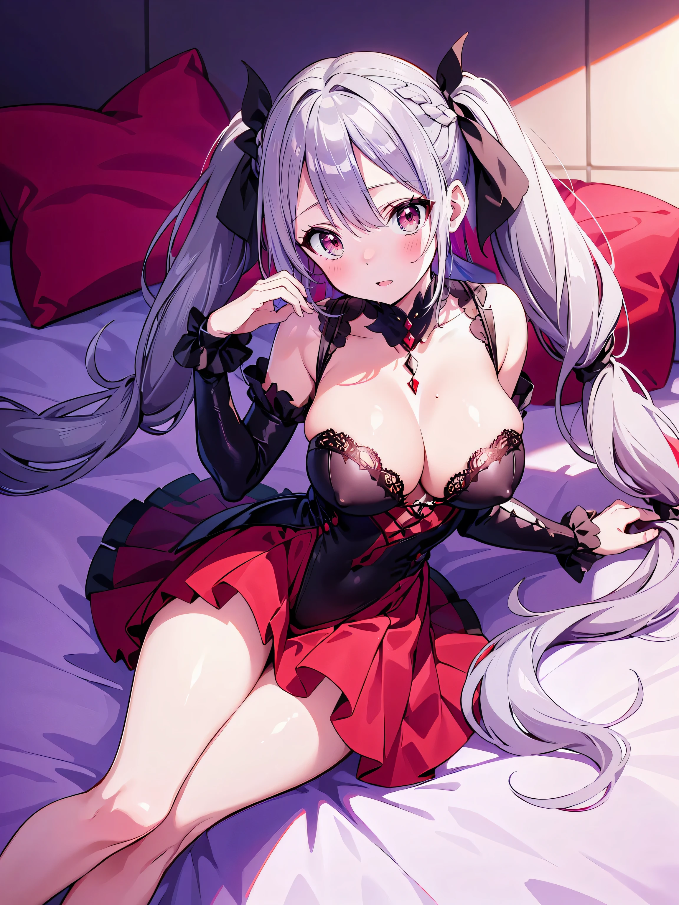 ((ultra detailed, exquisite quality, absolutely resolution)), (anime moe art style:1.3), (((young face solo Vampire girl))), ((Sexy super cute black and red dress), (vampire dress), lace lingerie, braids, silk gloves, glittering veils, beautiful headpieces, (huge breasts), breasts cleavage, (hair silver hair), (((long twintails:1.5))), fluffy Expressive twintails, kawaii face, ((seductive face)), backlighting, particle effect, caustics, super detailed skin, (hyper detail delicate eyes), (eyes red eyes), lying on the bed,  full body, blood moon, (moon light:1.2), isometric 3D, octane render, ray tracing, 