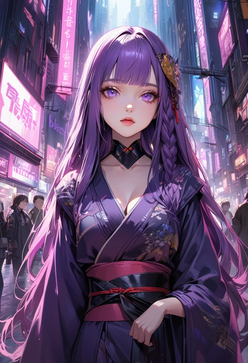 1 girl, Blunt bangs, Braiding, Wide sleeves, hair ornaments, kimono, Obi says, (Purple Hair:1.2), Very long hair, Straight hair, Looking at the audience, Highly detailed background, (Realistic:1.2), Beautiful Eyes, Red eyeshadow, Written boundary depth,thigh, (Urzan-6500:0.7), Upper Body, (alone:1.2), (Cyberpunk City:1.1), Cleavage,,Glowing Skin、(Navel exposed).((Face close-up))