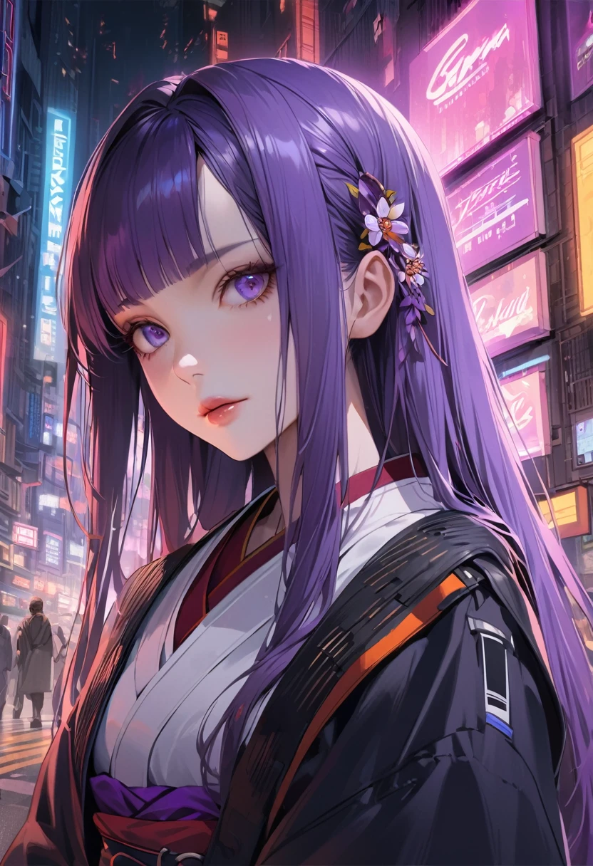 1 girl, Blunt bangs, Braiding, Wide sleeves, hair ornaments, kimono, Obi says, (Purple Hair:1.2), Very long hair, Straight hair, Looking at the audience, Highly detailed background, (Realistic:1.2), Beautiful Eyes, Red eyeshadow, Written boundary depth，thigh, (Urzan-6500:0.7), Upper Body, (alone:1.2), (Cyberpunk City:1.1), Cleavage,,Glowing Skin、(Navel exposed).((Face close-up))