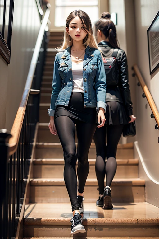 Denim jacket,black colored leggings,cabelos preto e longos,schoolgirls,Upstairs,schools