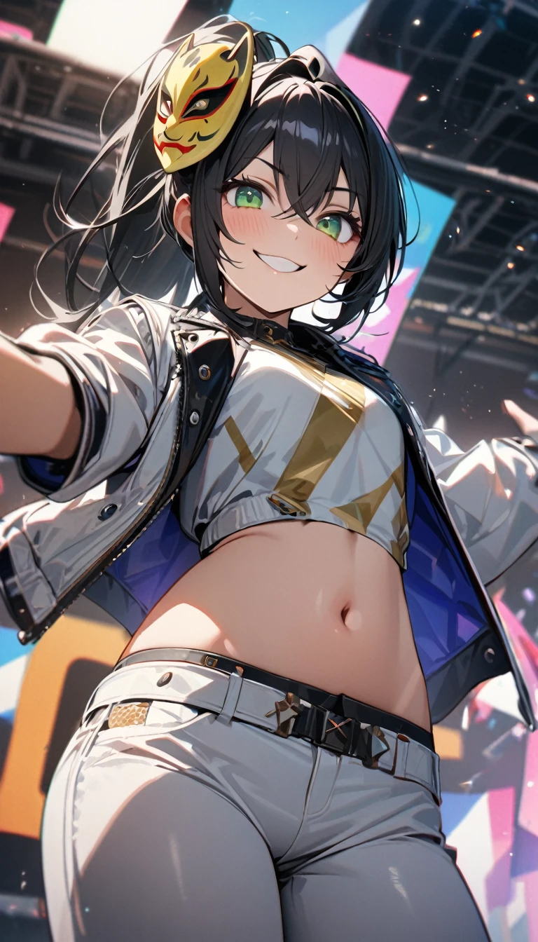 Young girl, short black hair, high ponytail, green eyes, ninga mask, white leather jacket, open belly, tight white pants, smirk, pop idol, KDA Akali, Masterpiece, best quality, Full HD, 8k, ultra details, great graphic