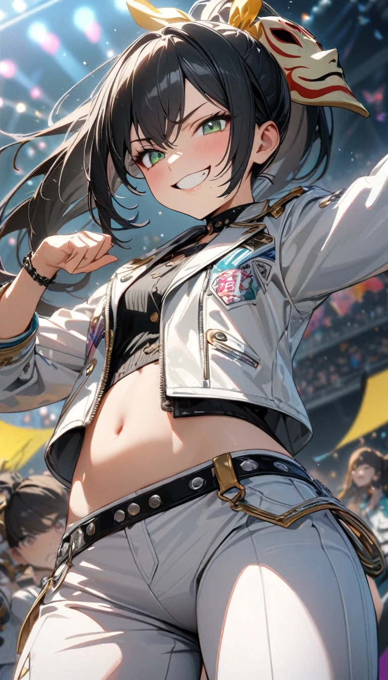 Young girl, short black hair, high ponytail, green eyes, ninga mask, white leather jacket, open belly, tight white pants, smirk, pop idol, KDA Akali, Masterpiece, best quality, Full HD, 8k, ultra details, great graphic