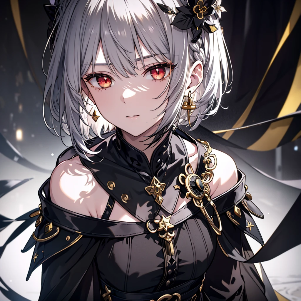 8k,High resolution RAW color art,Anime Art,Silver Marble Skin, (((Very detailed and cool))), Detailed skin, Bokeh、texture,(Exquisitely crafted, The finer details, Ultra-detailed art), (((1 girl))), Depth of written boundary, Silky Touch, Hyper Detail, (((Cool face))), eye shadow、Armed women, Beautiful detailed red eyes, Beautiful lip detail, Highly detailed face, Delicate depiction of hair and eyes, Detailed Fashion, Golden Earrings,Full body depiction, Black half top、(((Shoulder Bare)))、Black shorts、Waist Cloak、black tights、Golden decoration, Grey Hair, Golden bracelet, Straight Hair、Short Hair、(((Hair)))、Simple Background、(((Black theme)))、snow、Side view、Crouch、look up、cloth、cool、Natural Light