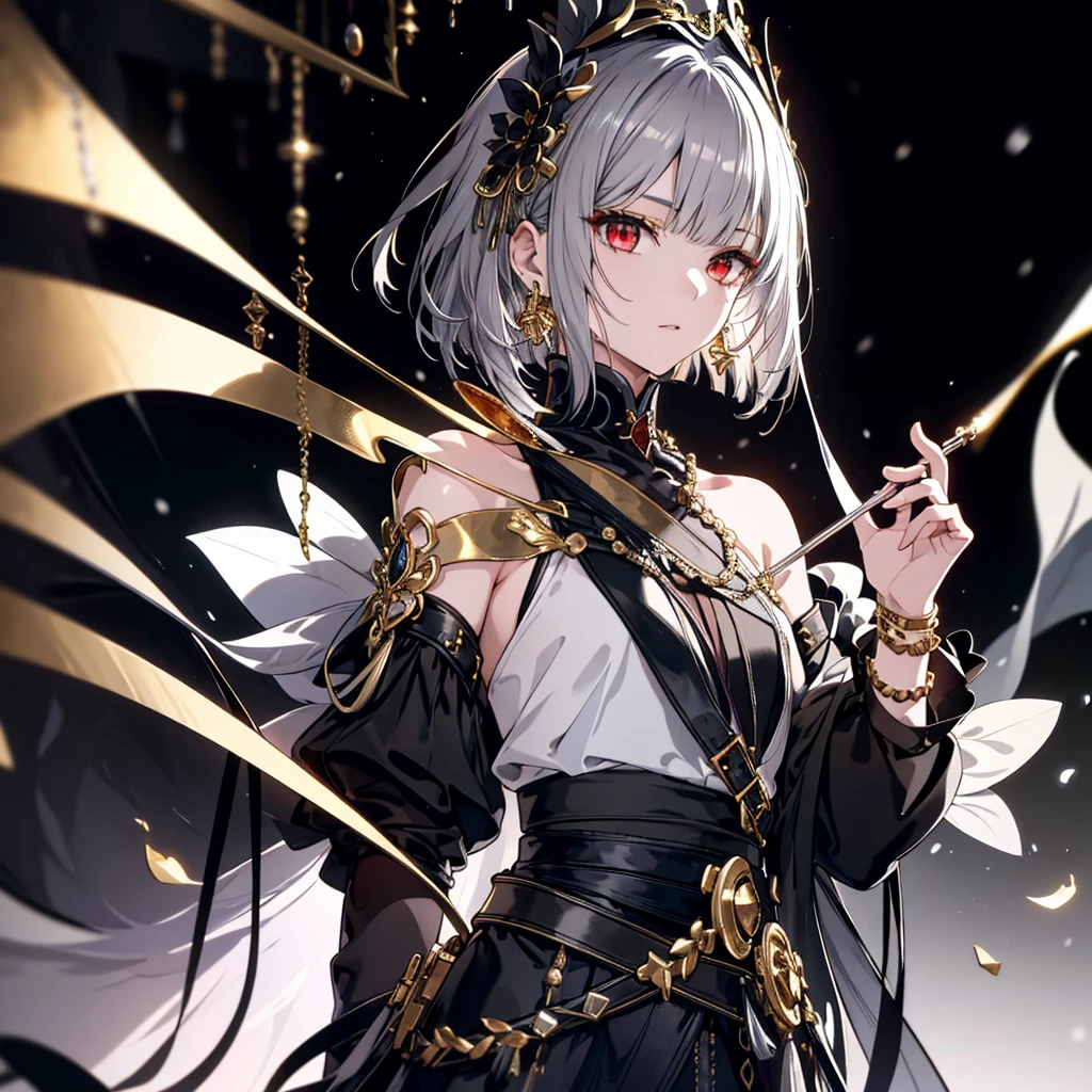 8k,High resolution RAW color art,Anime Art,Silver Marble Skin, (((Very detailed and cool))), Detailed skin, Bokeh、texture,(Exquisitely crafted, The finer details, Ultra-detailed art), (((1 girl))), Depth of written boundary, Silky Touch, Hyper Detail, (((Cool face))), eye shadow、Armed women, Beautiful detailed red eyes, Beautiful lip detail, Highly detailed face, Delicate depiction of hair and eyes, Detailed Fashion, Golden Earrings,Full body depiction, Black half top、(((Shoulder Bare)))、Black shorts、Waist Cloak、black tights、Golden decoration, Grey Hair, Golden bracelet, Straight Hair、Short Hair、(((Hair)))、Simple Background、(((Black theme)))、snow、Side view、Crouch、look up、cloth、cool、Natural Light