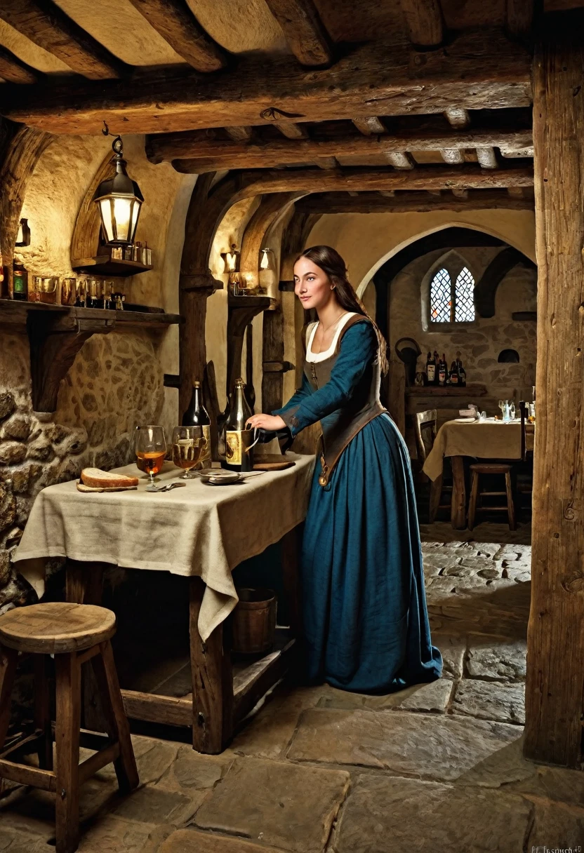 Seed: 1376124868, The woman is inside a medieval tavern. He&#39;s wearing brown leather pants., tight to the body because of being wet. She is wearing a wet, tight-fitting white blouse., showing her breasts through it.