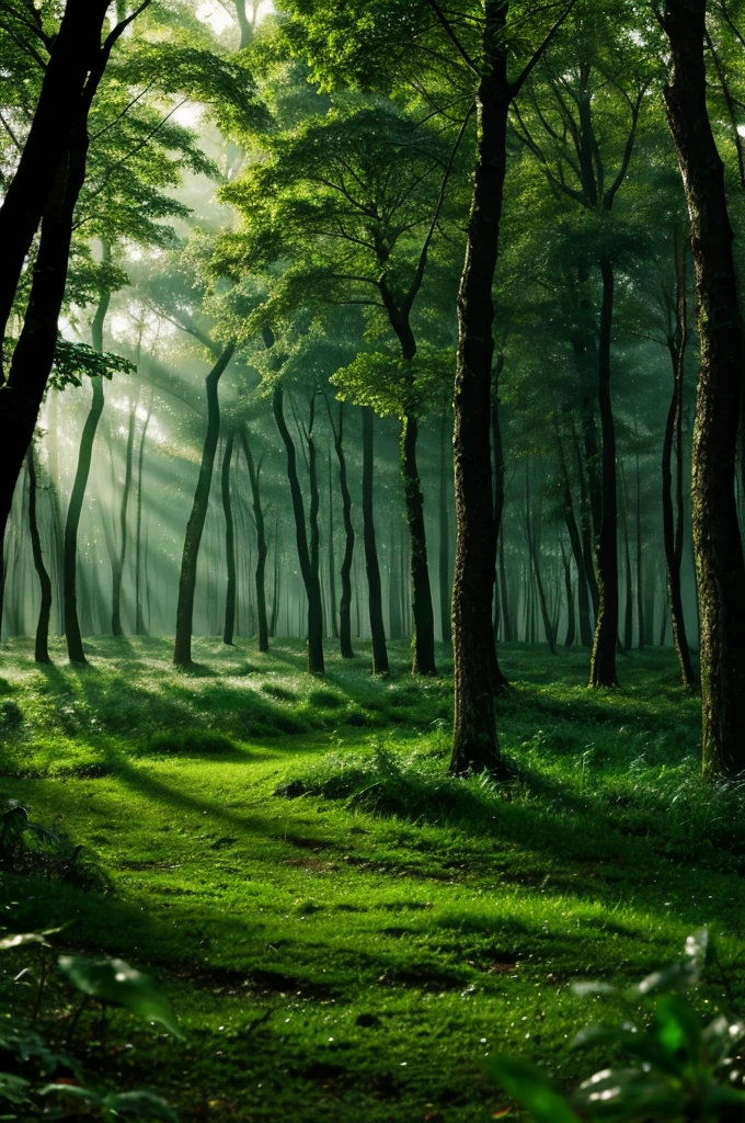 Generate green forest image with some dew drops in hd clearity 