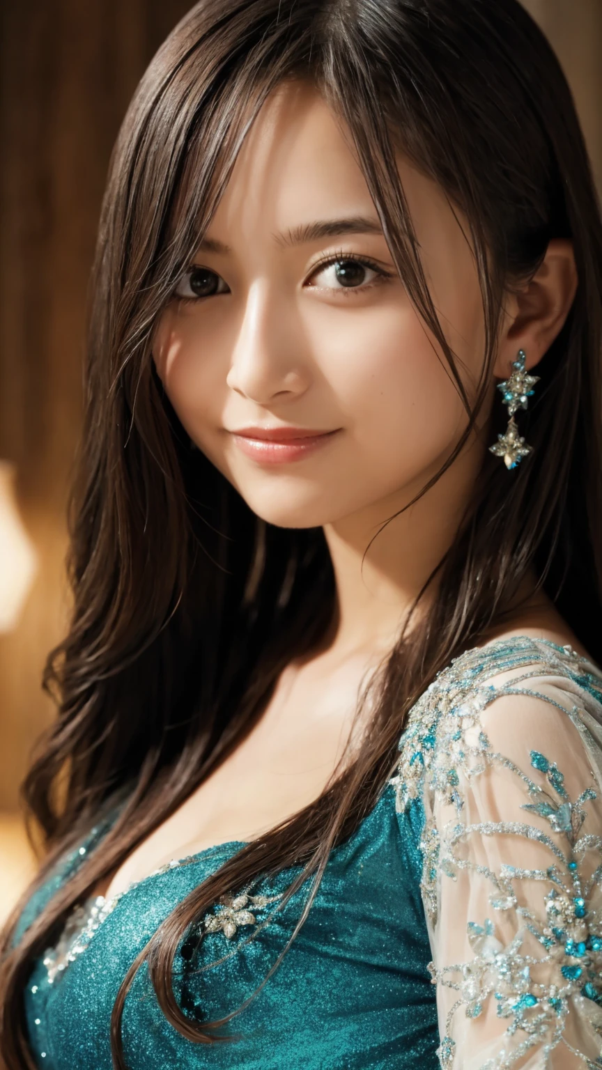 1girl,(wearing a glitter blue evening dress:1.2),(RAW photo, best quality), (realistic, photo-realistic:1.4), masterpiece, an extremely delicate and beautiful, extremely detailed, 2k wallpaper, Amazing, finely detail, extremely detailed CG unity 8k wallpaper, ultra-detailed, highres, soft light, beautiful detailed girl, extremely detailed eyes and face, beautiful detailed nose, beautiful detailed eyes,cinematic lighting,city lights at night,perfect anatomy,slender body,light smile,close up,(long hair with bangs), big breast size.