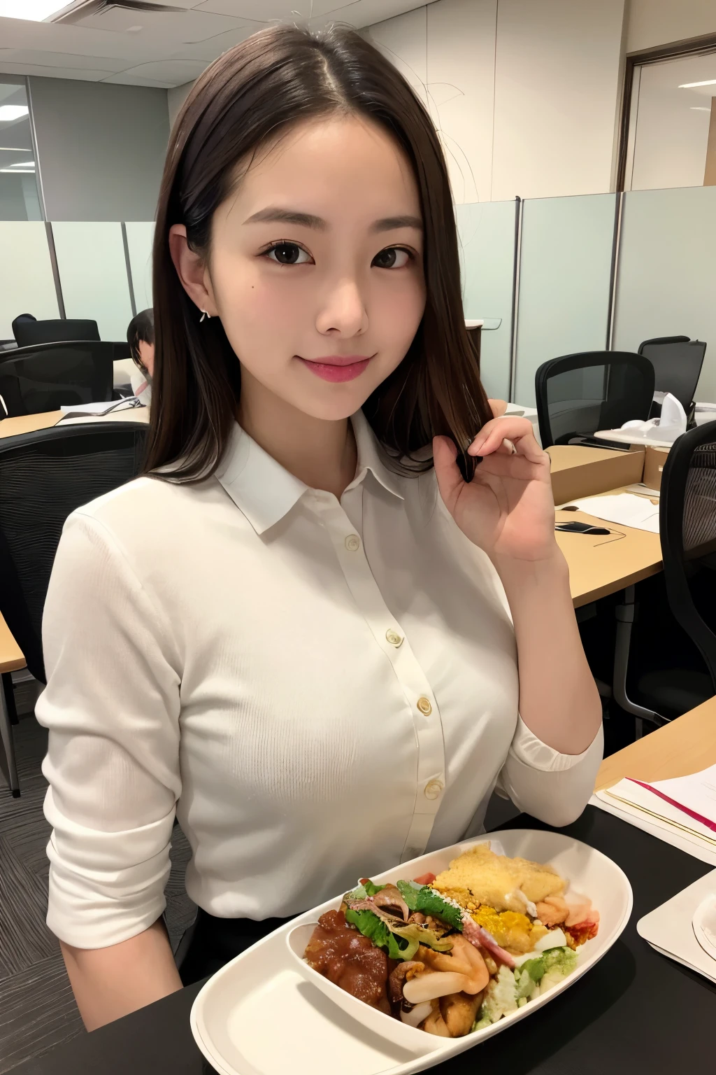((Highest quality)), ((masterpiece)), (detailed), One girl, Shortcuts、Office Lady、glamorous、Eat a homemade lunch
