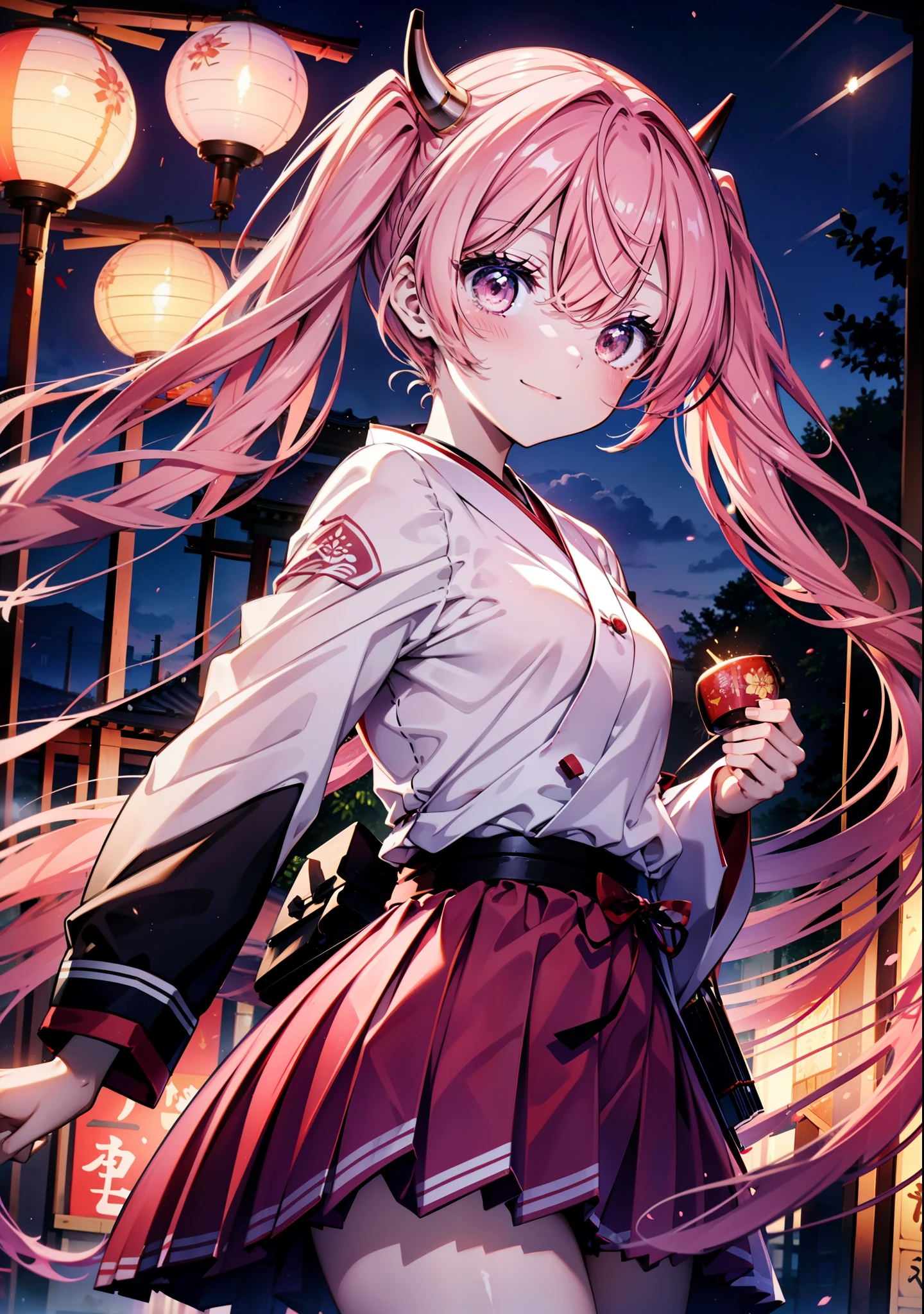 Aria h kanzaki,horn,Pink Hair,Long Hair,low Twin tails,小さいhorn,Red eyes,happy smile, smile, Open your mouth,pink kimono,Thick sleeves,Long skirt,日本のfestival,夏festivalの屋台,Red Lantern,night,night空のfirework,firework,場所はfirework大会,時間はnightです,sunny day,turn around,as if,walk, break looking at viewer, Upper Body, (Cowboy Shot:1. 5),
break outdoors, festival,shrine,
break (masterpiece:1.2), Highest quality, High resolution, unity 8k wallpaper, (shape:0.8), (Beautiful attention to detail:1.6), Highly detailed face, Perfect lighting, Highly detailed CG, (Perfect hands, Perfect Anatomy),