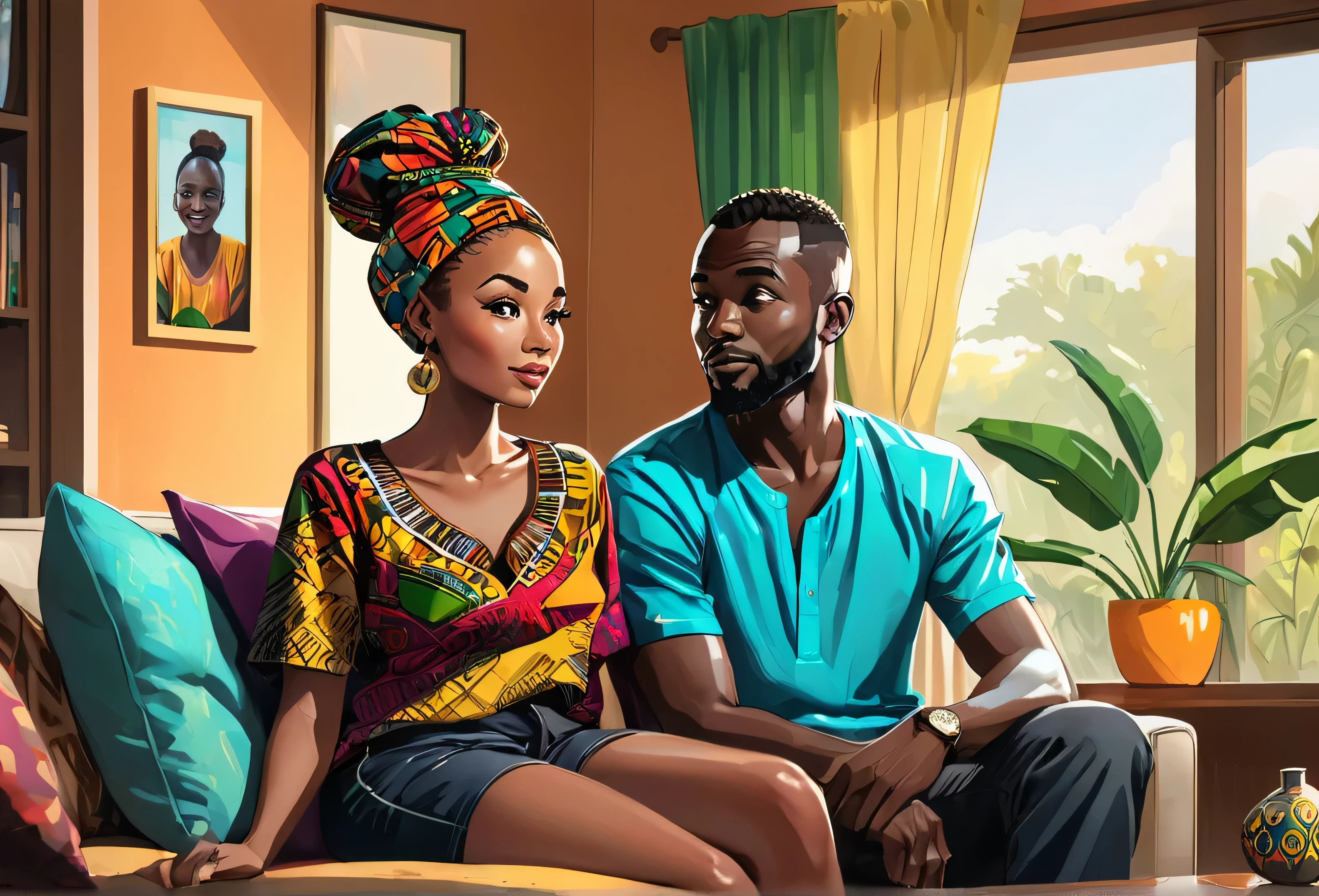 a slim woman (size 8-10) wearing an African cute outfit with a bun on her head resting on her husband body, he is wearing dark shorts and shirt, watching TV, in a nice modern sitting room, plasma tv.
African (masterpiece best quality:1.2) delicate illustration ultra-detailed, illustrations, bright, colourful,