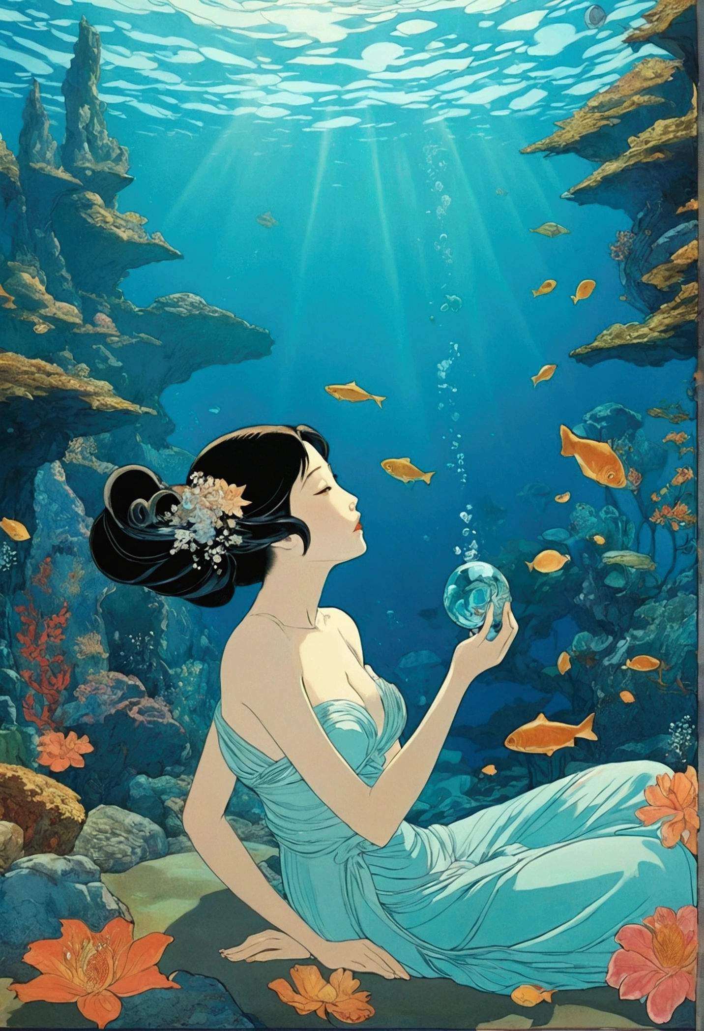 Tranquil underwater landscape style, Colorful animated stills, Masami Teraoka, Aquamarine, Paul Gauguin, Amber Style, Honest portrayal