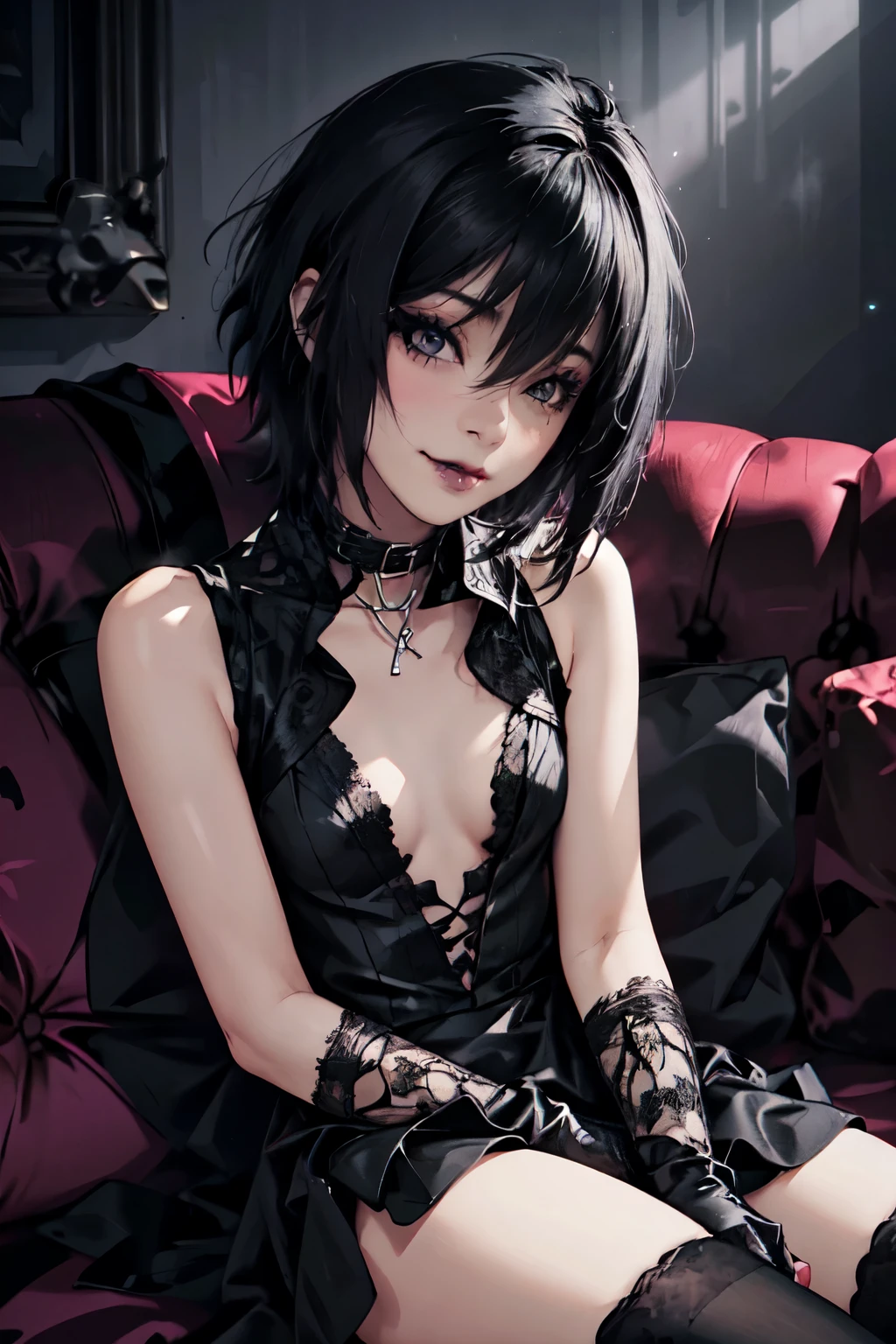 Girl, woman, emo_hairstyle, black lipstick, dog collar, eyeliner, eye shadow, smoky eyes, realistic lighting, short hair, black wedding dress , thighhighs, hand between legs, small breast, sofa, punk, smirk. Sleeveless. Long black wedding gloves.
