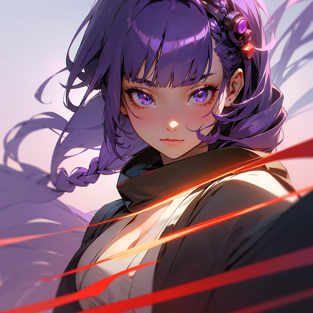1 girl, Blunt bangs, Braiding, Wide sleeves, hair ornaments, kimono, Obi says, (Purple Hair:1.2), Very long hair, Straight hair, Looking at the audience, Highly detailed background, (Realistic:1.2), Beautiful Eyes, Red eyeshadow, Written boundary depth，thigh, (Urzan-6500:0.7), Upper Body, (alone:1.2), (Cyberpunk City:1.1), Cleavage,,Glowing Skin、(Navel exposed).((Face close-up))