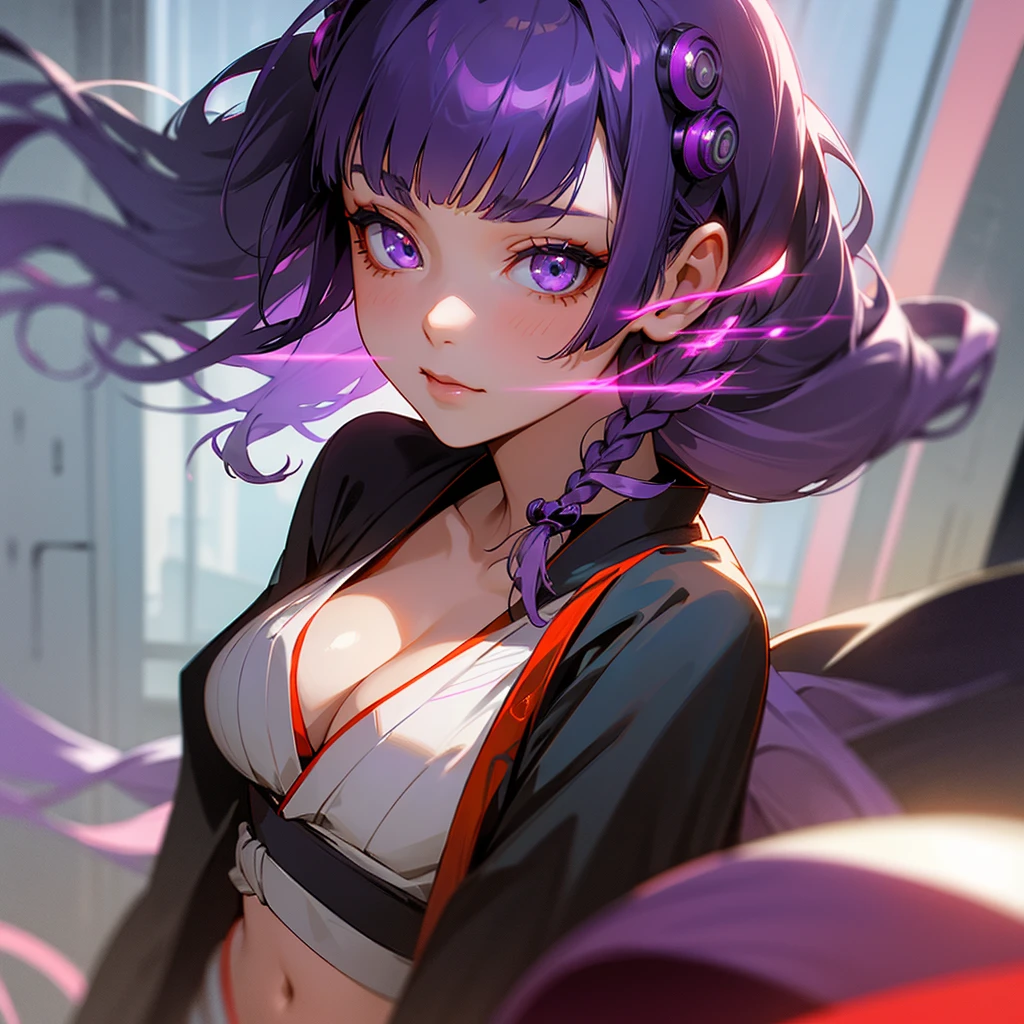 1 girl, Blunt bangs, Braiding, Wide sleeves, hair ornaments, kimono, Obi says, (Purple Hair:1.2), Very long hair, Straight hair, Looking at the audience, Highly detailed background, (Realistic:1.2), Beautiful Eyes, Red eyeshadow, Written boundary depth,thigh, (Urzan-6500:0.7), Upper Body, (alone:1.2), (Cyberpunk City:1.1), Cleavage,,Glowing Skin、(Navel exposed).((Face close-up))
