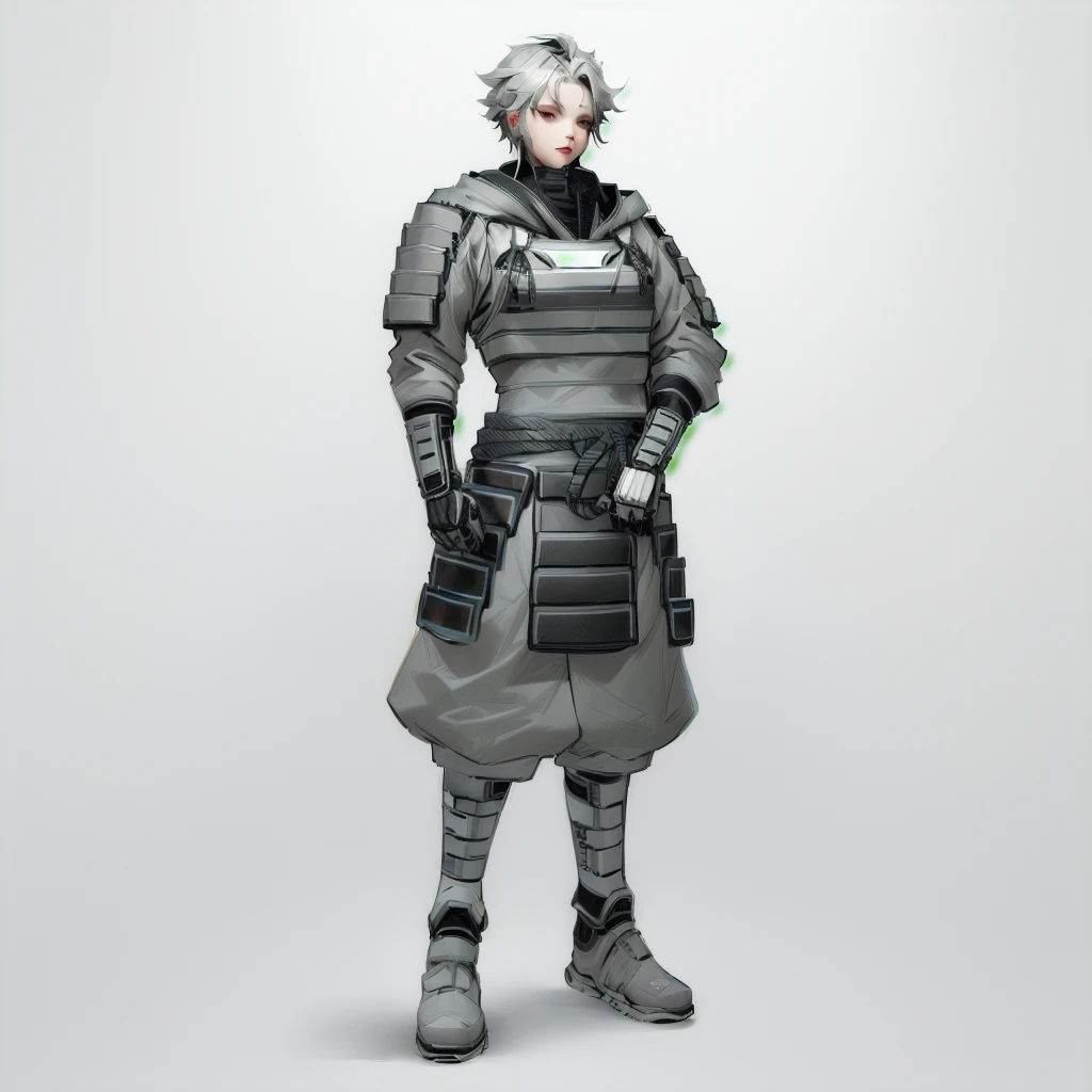Enhance render style, female full grey uniform, metal grey outfit, dark grey color scheme, monochrome, white background,
