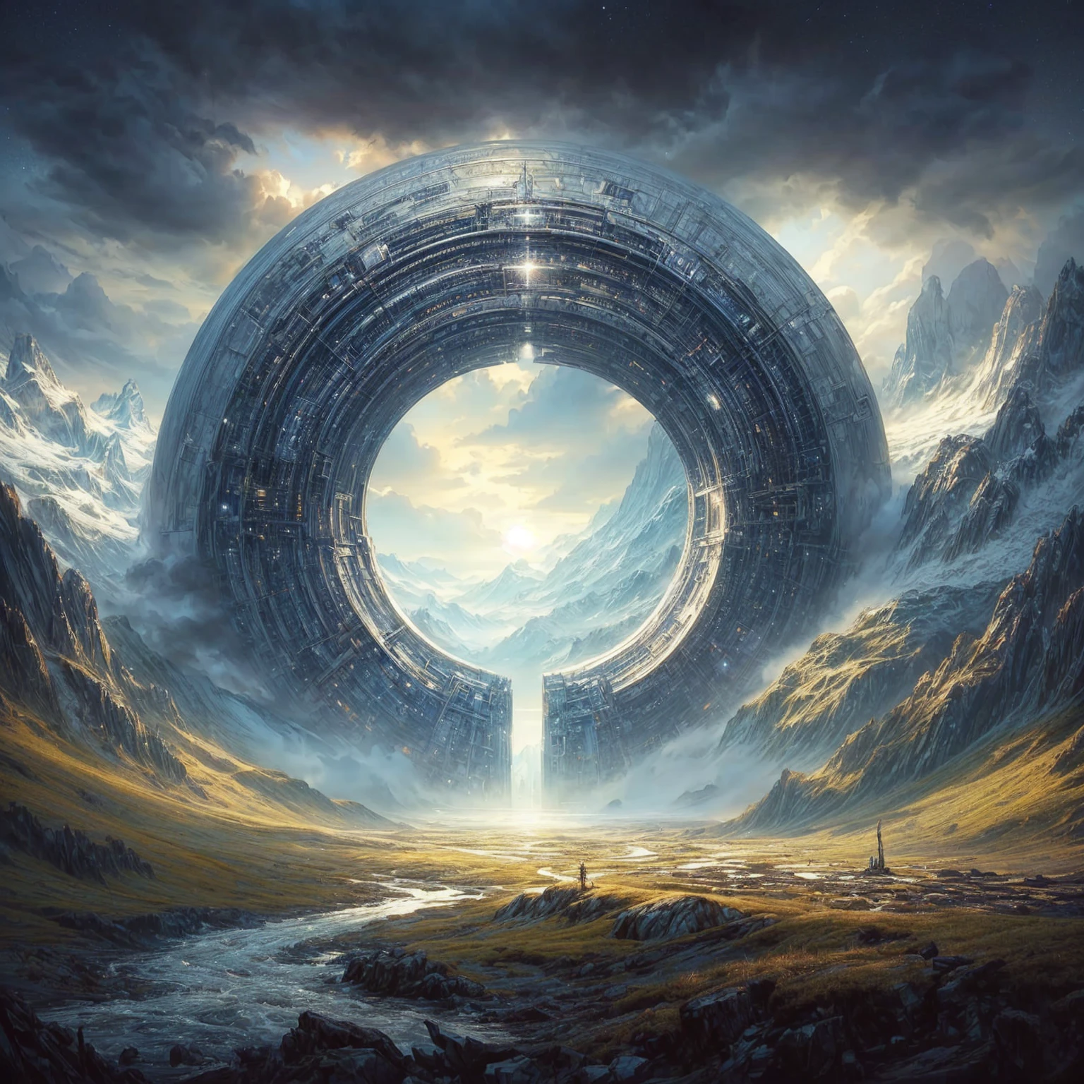 a painting of a large circular structure in a mountainous area, greg beeple, by Beeple, sci fi artwork, sci fi art, majestic interstellar portal, beautiful sci fi art, beeple art, sci-fi digital art, sci - fi art, sci-fi art, beeple artwork, mystical sci-fi concept art, scifi art