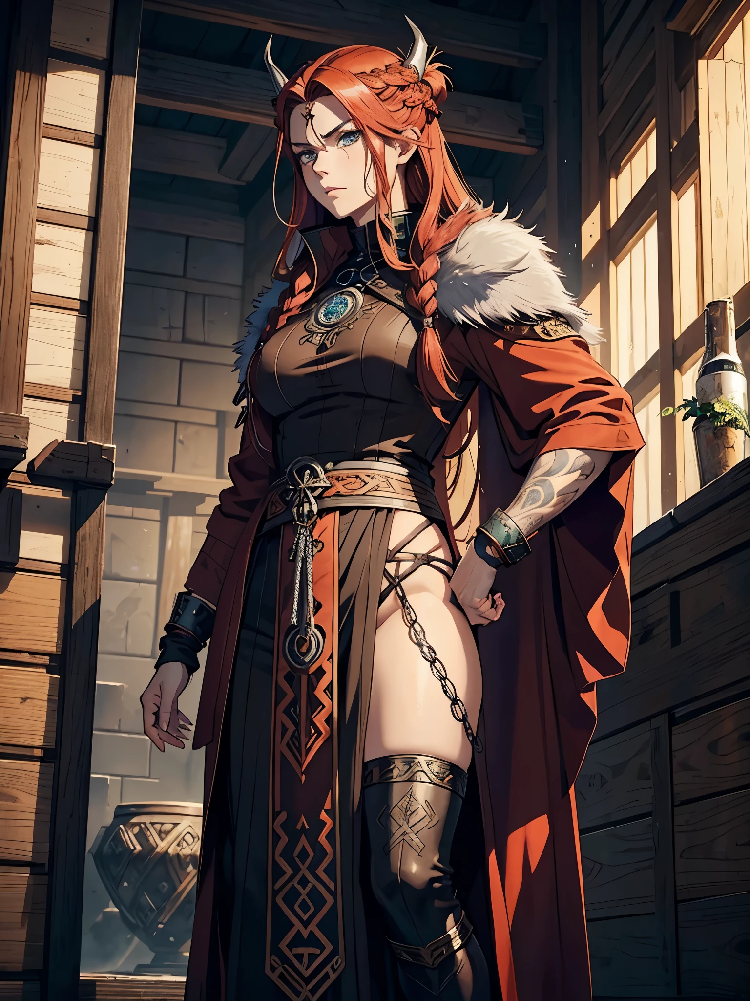 Older. More anime. 2d. Glow. Nordic clothing. Sidecut. Viking hairstyle. Long robe. masculine, Viking clothing. Red hair. woman. flat. freya. Goddess of War. Muscles. strength. Feuermagie. Brown robe. Viking warrior. Celtic Tattoos. silver jewelry. Brown clothes. Rotes Make Up.