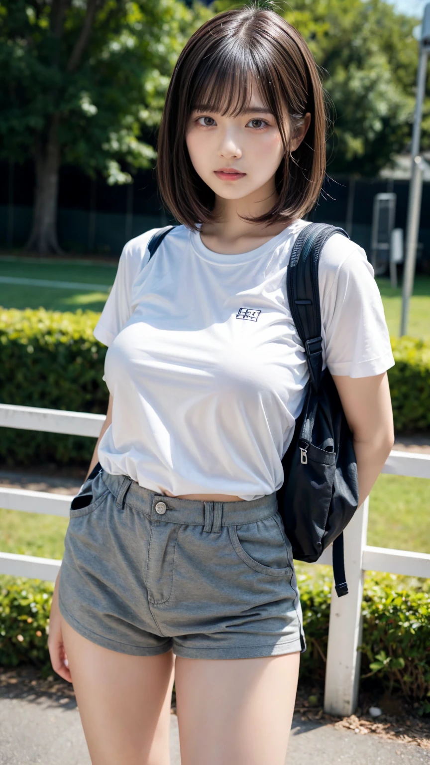 masterpiece, best quality, illustration, Super detailed, fine details, High resolution, 8K,wall paper, perfect dynamic composition,(Details High quality, realistic depiction of eyes:1.3), oversized sport shirt, shorts women, small backpack, short bob hair, black hair color, Big Natural Color Lip, sexy pose, crying a little、cold gaze, Harajuku style、20 year old girl、cute type、lolita, hposing Gravure Idol, full body photo、focus on crotch, huge breasts