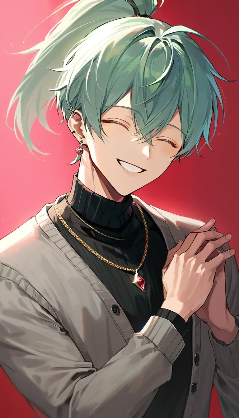 ((((best masterpiece, best quality, wallpaper,)))) solo, guy, male body, small muscles, flat chest, 1male, 30 years old, handsome man, upper body, looking at viewers, beautiful detailed, seductive smile, mediumturquoise hair, ((((Lower short ponytail)))), asymmetrical bangs, ((short hair,)) (((light smile, closed eyes, tareme, droopy eyes,))) (((perfect face,))) perfect hands, sharp nose, clear face, black turtleneck, grey cardigan, ((silver piercing, pendant,)) leggings, pink background color ultrasharp, 8K, masterpiece,