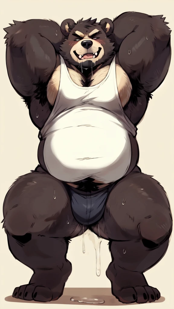 Chubby, furry,male, anthro bear, very plump, middle aged, Thick beard, seductive, hand behind head, detailed , half body, tight tank top, extremely hot and sexy, by hyaku, by darkgem, by glitter trap boy,looking at you, drenched in sweat, very hairy armpits, Looking at viewer, Bear Ears, Saliva, Fangs, Clenched Teeth, Drooling, Heavy Breathing, Serious, Furrowed Brow, Saliva Trail, From Below, Feet Out Of Frame, more sweat, steam coming from armpits