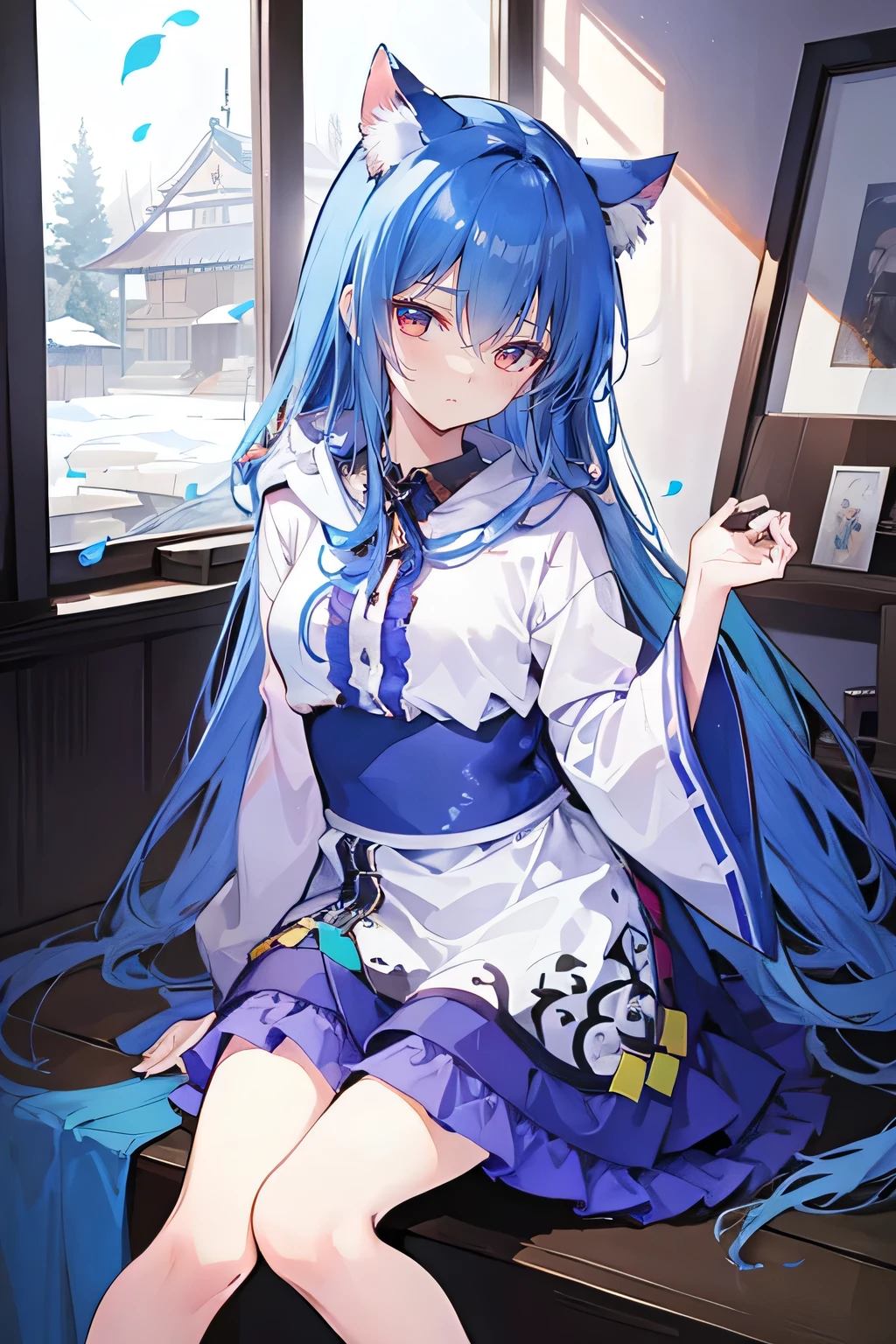 (masterpiece:1.2),Super detailed,lifelike,Expressive eyes,fair skin,perfect face shape,1 girl,
Japanese comics,Gorgeous blue hair,flowing blue hair,flowing clothes,Cat ears,Petals fall,beautiful lola,Baby Angel,
Shaking head with one hand,Cross your legs,Gentle and peaceful background,The pavilion is cool and comfortable,smile, wearing hoodie, In front of the window,snowing,Clear sky,Witch costume,Sitting sideways。