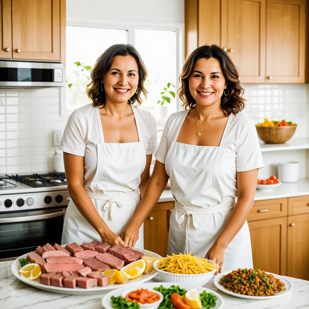 A middle-aged woman, with a welcoming smile, is putting trays of esfiha in the oven. The kitchen is spacious, with white cabinets and natural light coming in through large windows. There is a bowl of meat filling next to you.