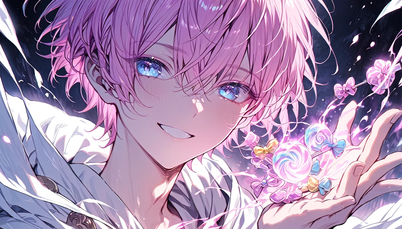 alone, male, masterpiece, High resolution, short hair, candy, pastel colour, Pink Hair, blue eyes, White Cape, magic, Smile Facial