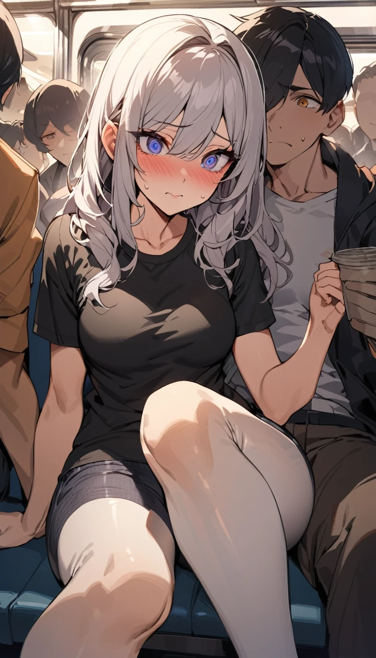 masterpiece, High resolution, perfect face, Korean beauty, 30 years old, beautiful face, in the crowded train, tight T-shirt, skinny pants, embarrassed look, look at the camera, (top quality eyes), detailed texture, Look at me, Married woman, cool women, ((high resolution eyes)), little curvy, sitting, hentai, Molester, Beautiful woman being raped