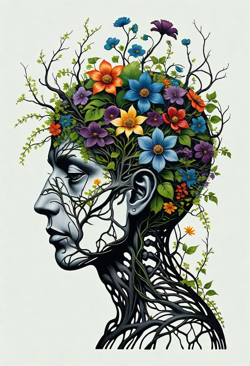 a silhouette of the outline of the brain blooming with vines and flowers by (tim burton:1.002) , rich detail, floral brain, vegetation, leave and blossoms, anatomy, vibrant, acrylc painting, wide brush strokes, colorful, miyazaki style, photorealism, portrait art, photography, extreme ornamentation detail