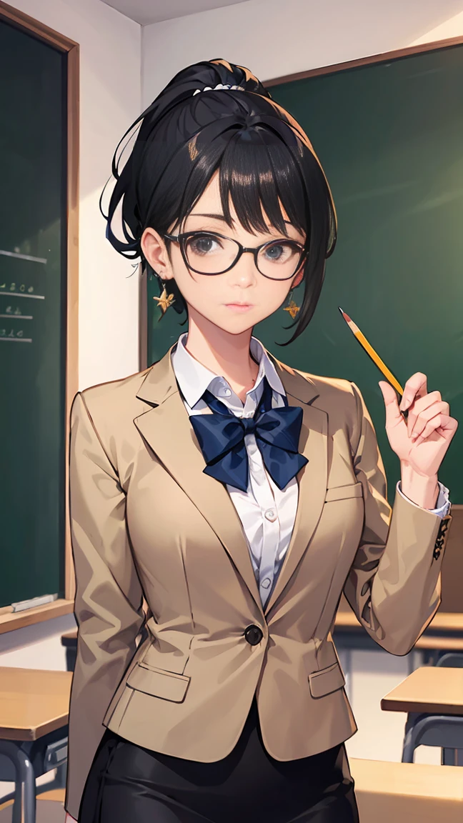 black hair, short ponytail, over-rim eyewear, earrings, sigh, ray tracing, masterpiece, accurate, textured skin, high quality, highres, best quality, high details, super detail, High school teacher, wearing a shirt and tie, Background (classroom, blackboard), During class, Beige jacket and pencil skirt