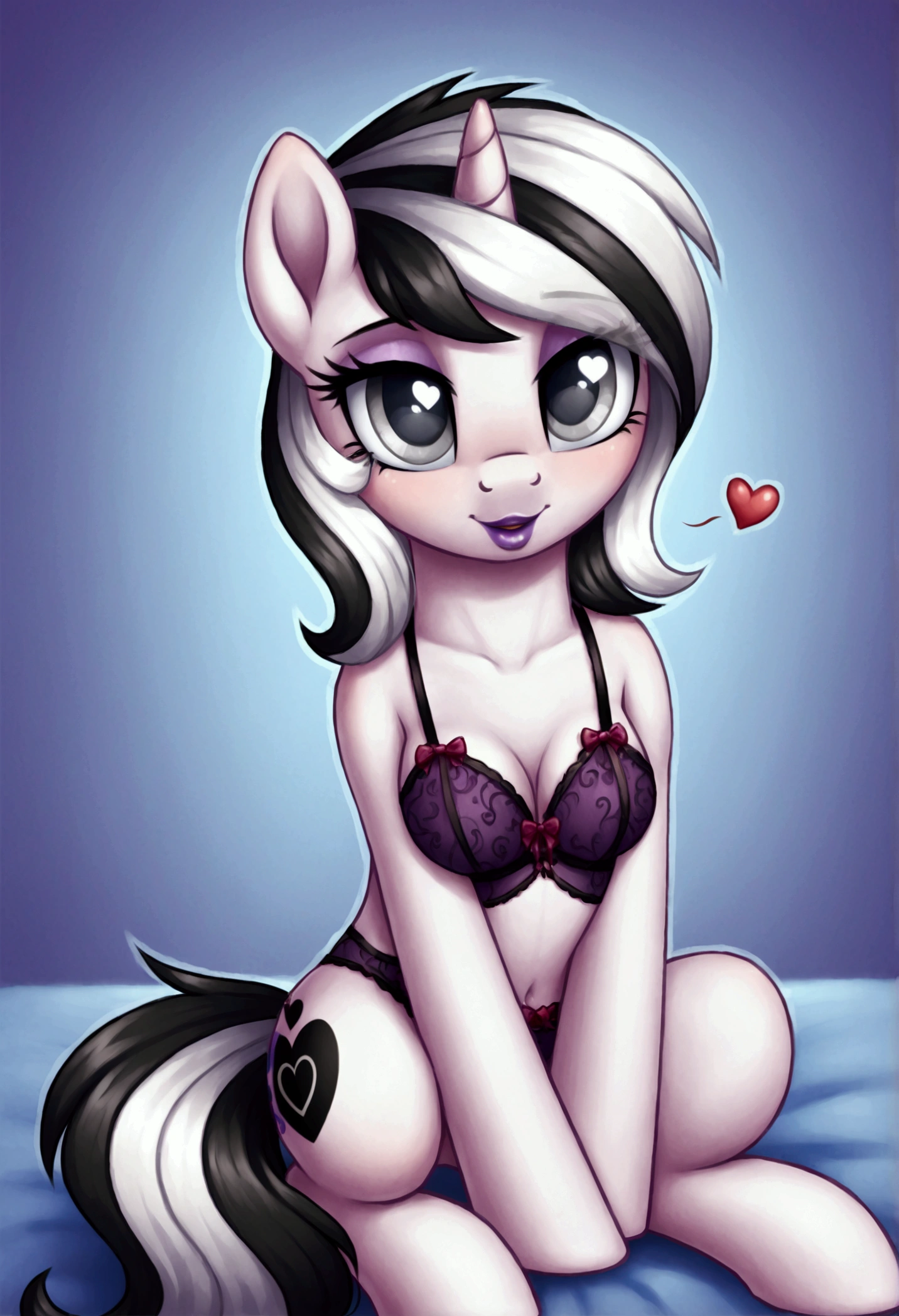 My little pony, (Pony), (black stripe on hair), white hair, (pale white body), gray eyes, medium breasts, purple lips, perfect lines, Random erotic role play costumes (not just lingerie), heart cutie mark