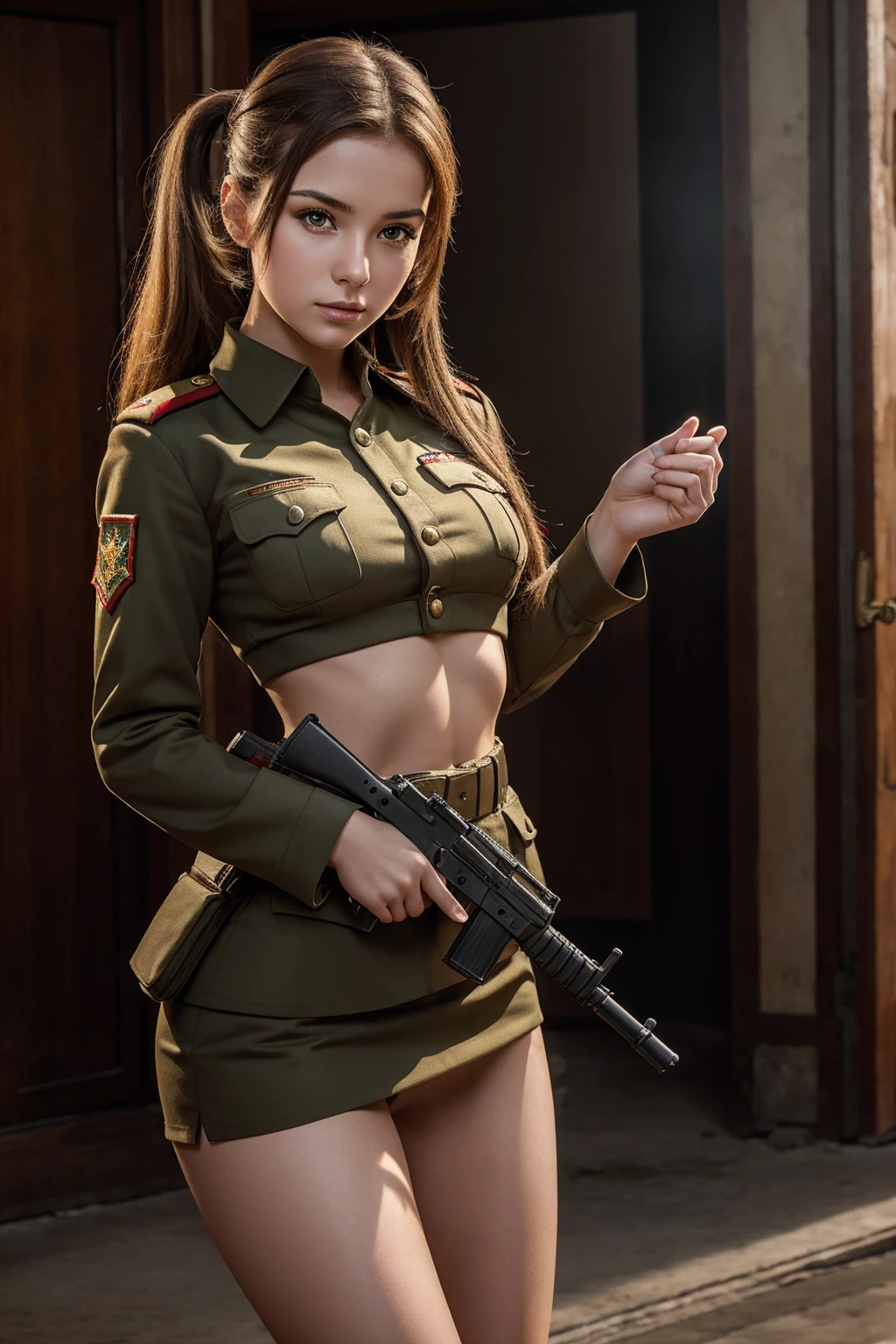 best quality, 4K image quality, 1 girl, pistol, skimpy soviet uniform