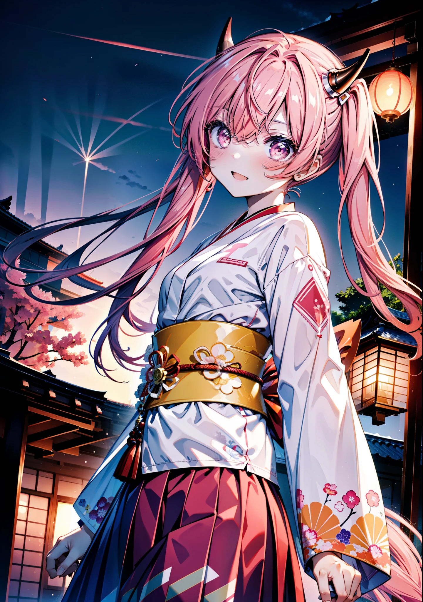 Aria h kanzaki,horn,Pink Hair,Long Hair,low Twin tails,小さいhorn,Red eyes,happy smile, smile, Open your mouth,pink kimono,Thick sleeves,Long skirt,日本のfestival,夏festivalの屋台,Red Lantern,night,night空のfirework,firework,場所はfirework大会,時間はnightです,sunny day,turn around,as if,walk, break looking at viewer, Upper Body, (Cowboy Shot:1. 5),
break outdoors, festival,shrine,
break (masterpiece:1.2), Highest quality, High resolution, unity 8k wallpaper, (shape:0.8), (Beautiful attention to detail:1.6), Highly detailed face, Perfect lighting, Highly detailed CG, (Perfect hands, Perfect Anatomy),