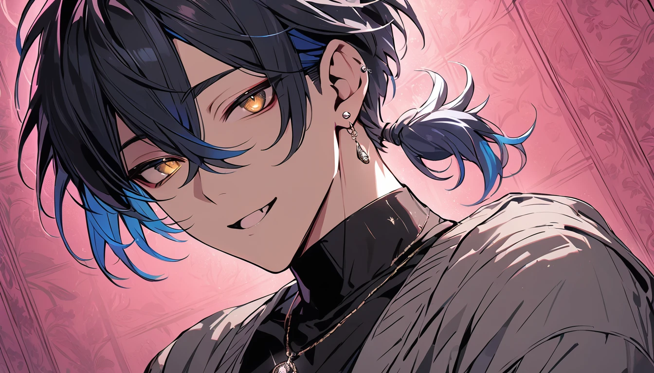 ((((best masterpiece, best quality, wallpaper,)))) solo, guy, male body, small muscles, flat chest, 1male, 30 years old, handsome man, dramatic angle, upper body, looking at viewers, beautiful detailed, seductive smile, mediumturquoise hair, ((((Lower short ponytail)))), asymmetrical bangs, ((short hair,)) ((( jitome, gold eyes, ^o^, tareme, droopy eyes,))) (((perfect face, extremely detailed eyes,))) perfect hands, sharp nose, clear face, black turtleneck, grey cardigan, ((silver piercing, pendant,)) leggings, pink background color ultrasharp, 8K, masterpiece,
